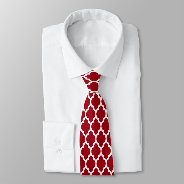 Cranberry Red White Moroccan Quatrefoil Pattern #4 Tie (Tied)