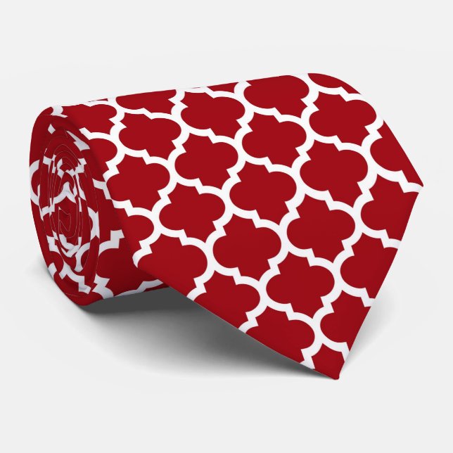 Cranberry Red White Moroccan Quatrefoil Pattern #5 Tie (Rolled)