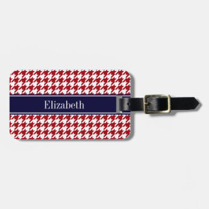 Cranberry Red Wht Houndstooth Navy Name Monogram Luggage Tag