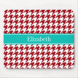 Cranberry Red Wht Houndstooth Teal Name Monogram Mouse Pad