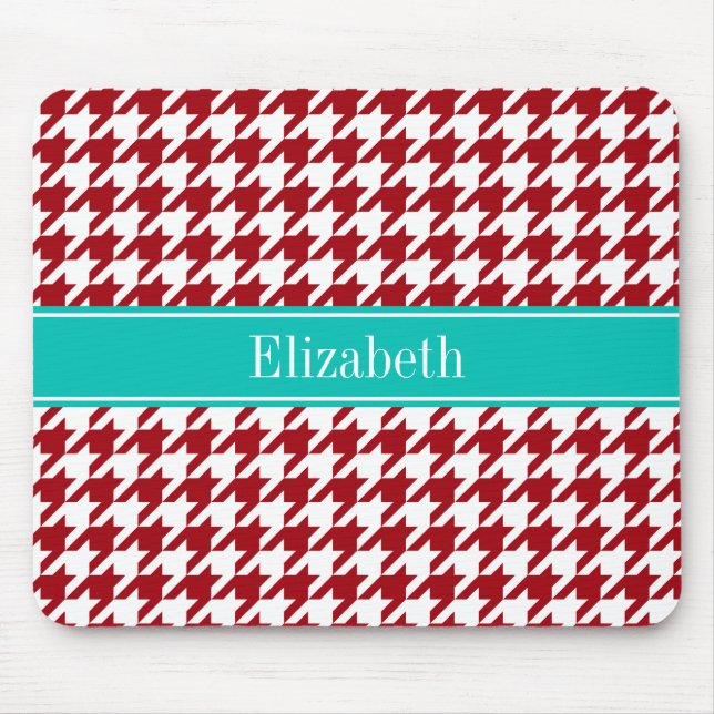 Cranberry Red Wht Houndstooth Teal Name Monogram Mouse Pad (Front)