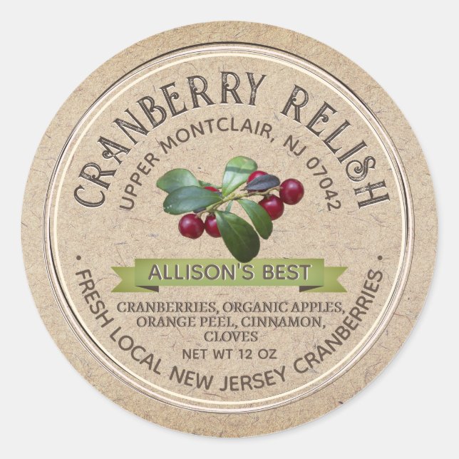CRANBERRY RELISH Grunge Font Kraft Brown Classic Round Sticker (Front)