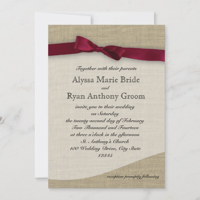 Cranberry Ribbon and Burlap Wedding Invitation (Front)