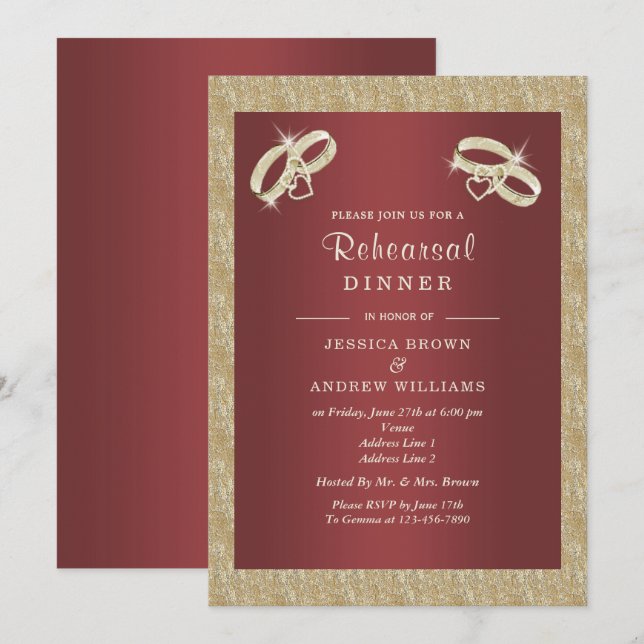 Cranberry, Sparkly Gold Rings Rehearsal Dinner Invitation (Front/Back)