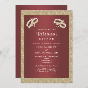 Cranberry, Sparkly Gold Rings Rehearsal Dinner Invitation