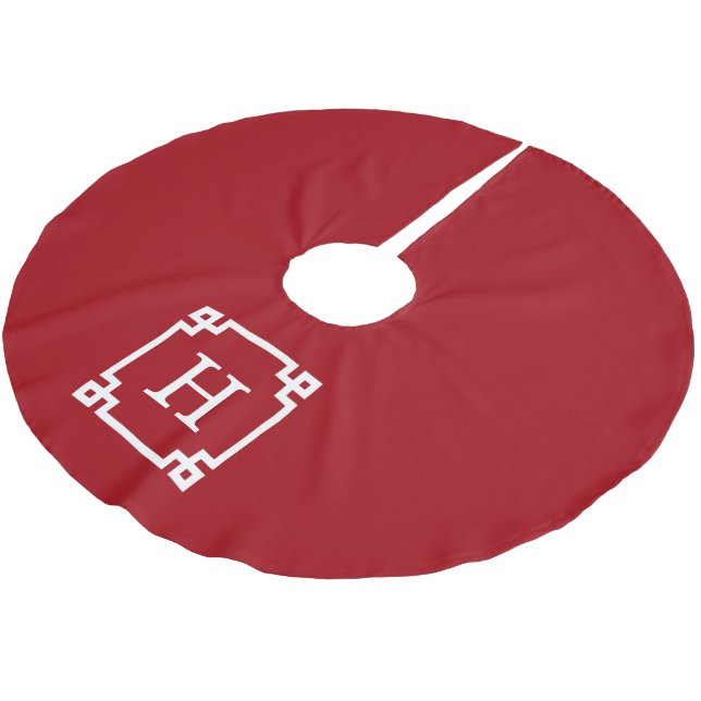 Cranberry Wht Greek Key Frame #2 Initial Monogram Brushed Polyester Tree Skirt (Angled)