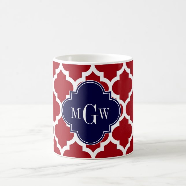 Cranberry Wht Moroccan #5 Navy Blue Name Monogram Coffee Mug (Center)
