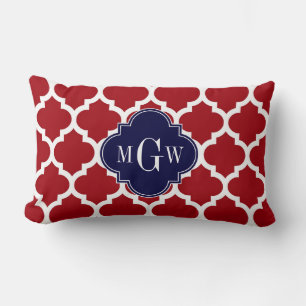 Cranberry Wht Moroccan #5 Navy Blue Name Monogram Lumbar Cushion
