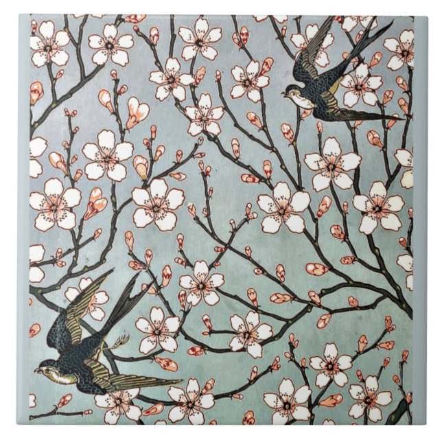 Crane - Almond Blossoms and Swallows Ceramic Tile (Front)