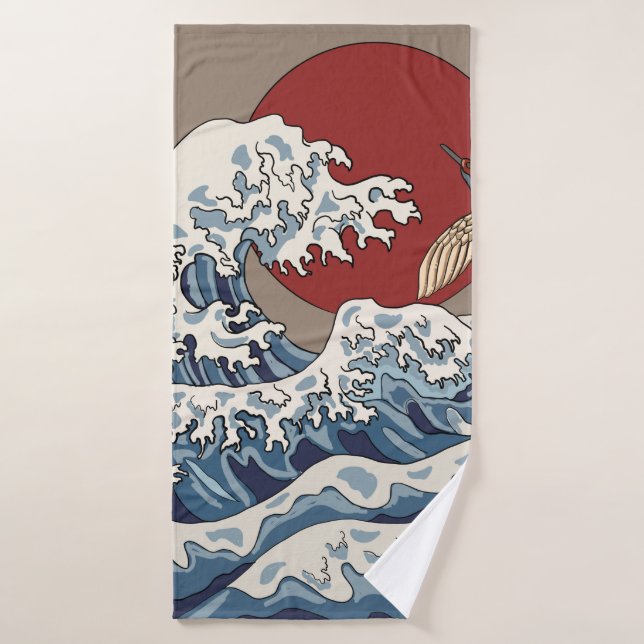 Crane and Japanese wave illustration Traditional C Bath Towel (Bath Towel)