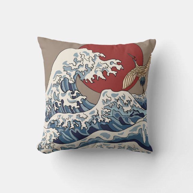 Crane and Japanese wave illustration Traditional C Cushion (Front)