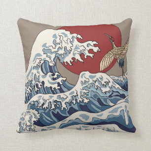 Crane and Japanese wave illustration Traditional C Cushion