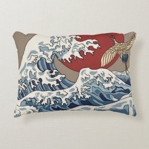 Crane and Japanese wave illustration Traditional C Decorative Cushion