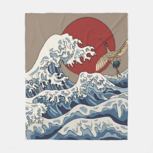 Crane and Japanese wave illustration Traditional C Fleece Blanket