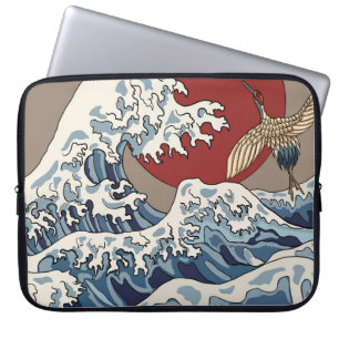 Crane and Japanese wave illustration Traditional C Laptop Sleeve