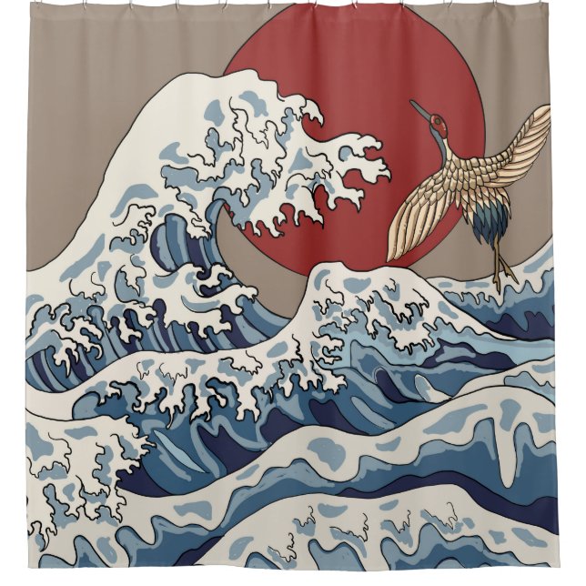Crane and Japanese wave illustration Traditional C Shower Curtain (Front)