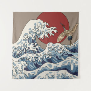 Crane and Japanese wave illustration Traditional C Tapestry