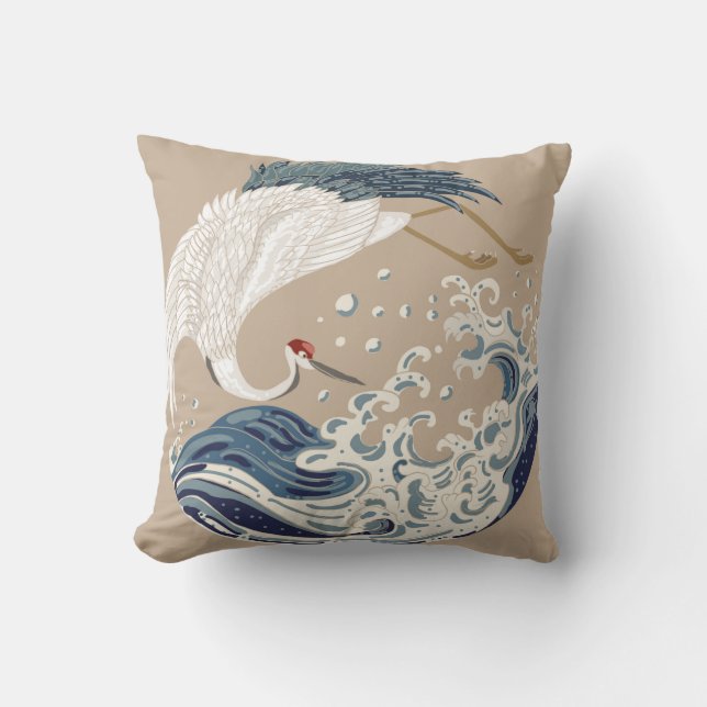 Crane and Japanese wave illustration. Traditional  Cushion (Front)