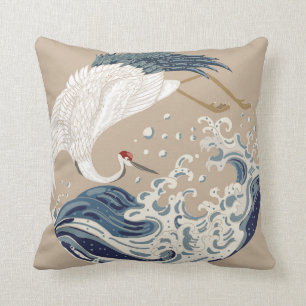 Crane and Japanese wave illustration. Traditional Cushion