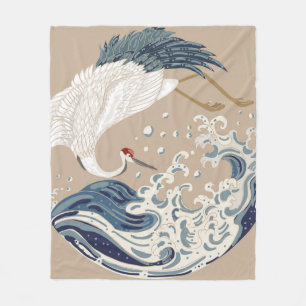 Crane and Japanese wave illustration. Traditional Fleece Blanket