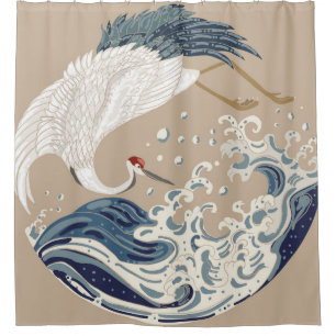 Crane and Japanese wave illustration. Traditional  Shower Curtain