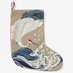 Crane and Japanese wave illustration. Traditional Small Christmas Stocking