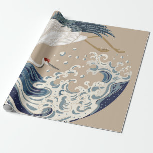 Crane and Japanese wave illustration. Traditional Wrapping Paper