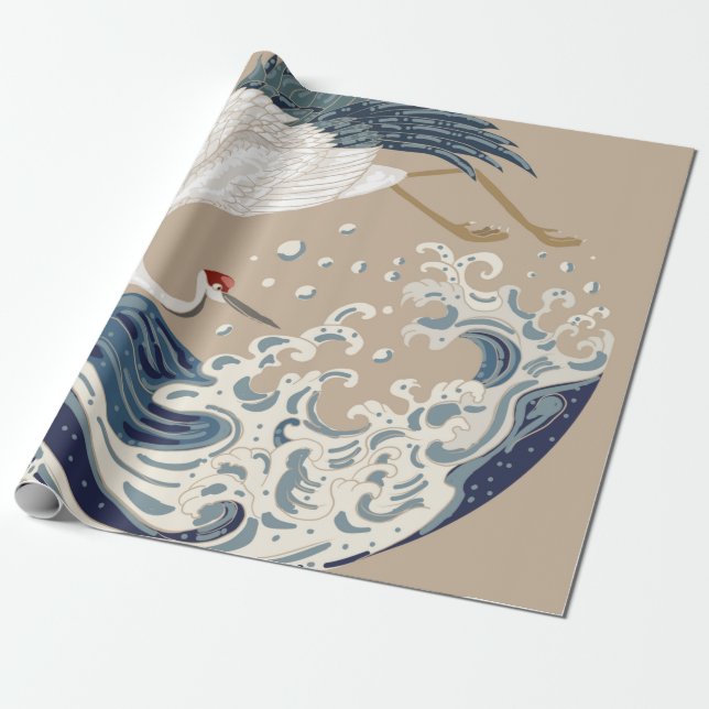 Crane and Japanese wave illustration. Traditional  Wrapping Paper (Unrolled)