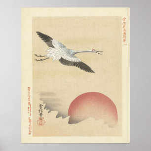 Crane at Sunrise, Antique Japanese Wall Art