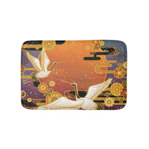 Crane Bird Chrysanthemum Japanese Pattern Bath Mat