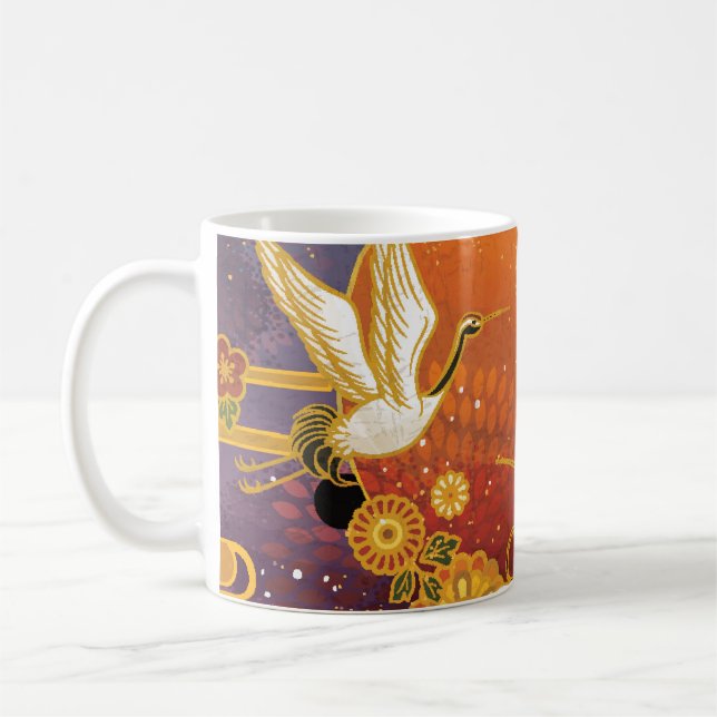 Crane Bird Chrysanthemum Japanese Pattern Coffee Mug (Left)