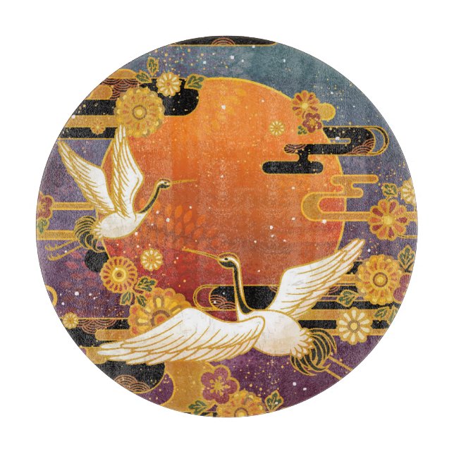 Crane Bird Chrysanthemum Japanese Pattern Cutting Board (Front)