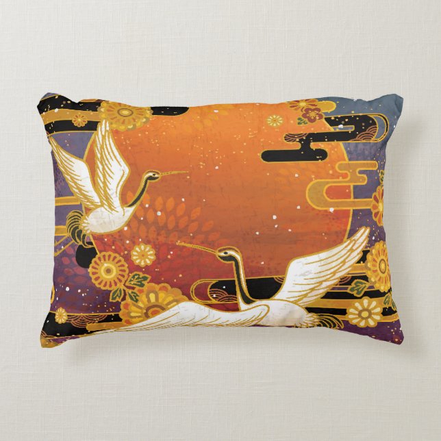 Crane Bird Chrysanthemum Japanese Pattern Decorative Cushion (Front)