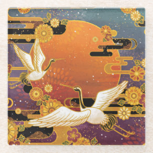 Crane Bird Chrysanthemum Japanese Pattern Glass Coaster