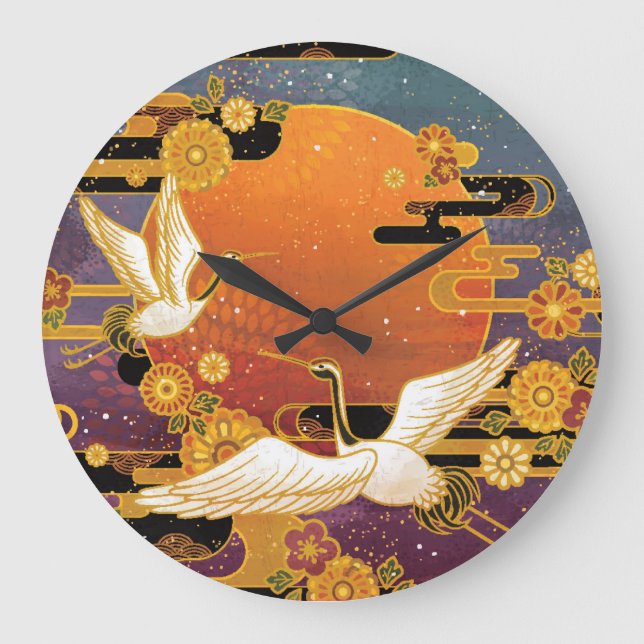 Crane Bird Chrysanthemum Japanese Pattern Large Clock (Front)