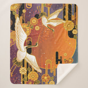 Crane Bird Chrysanthemum Japanese Pattern Sherpa Blanket