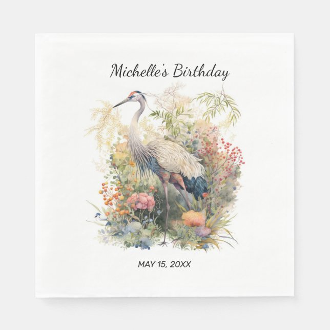 Crane Bird Leaves Foliage Floral Birthday Napkin (Front)