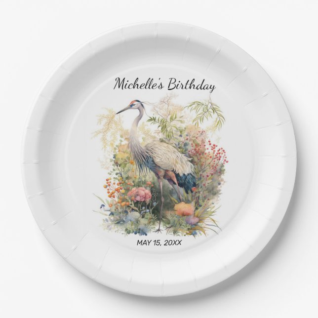 Crane Bird Leaves Foliage Floral Birthday Paper Plate (Front)