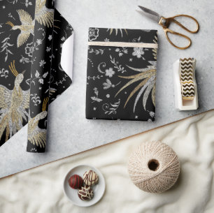 Crane Birds and Flowers Pattern Wrapping Paper