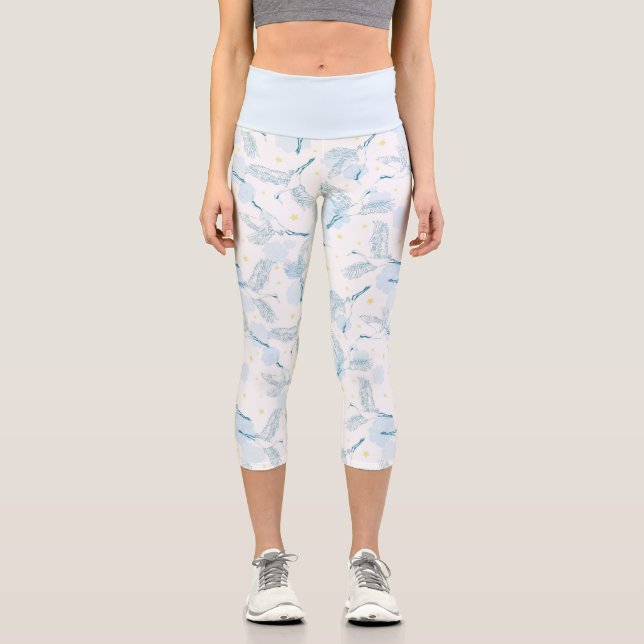 Crane Birds Yellow Stars Blue White Capri Leggings (Front)