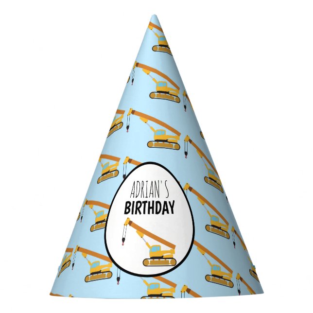 Crane Construction Truck Boy Birthday Party Hat (Front)
