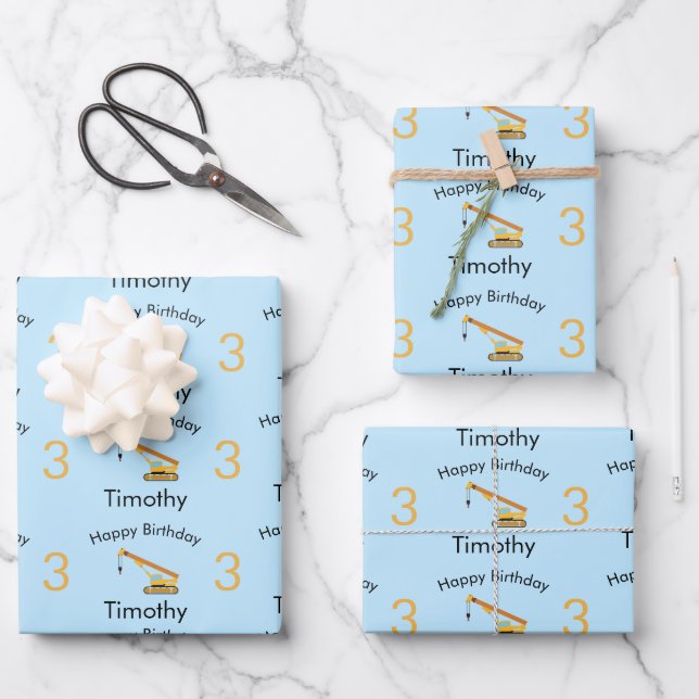 Crane Construction Truck Custom Name & Age Wrapping Paper Sheet (Front)