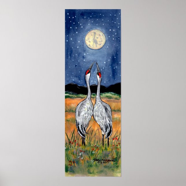 Crane Couple Watching Moon Poster Navy Stars Night (Front)