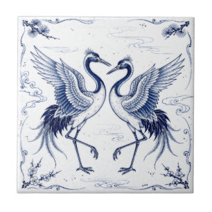 Crane Dance Japanese Imari Ware Style Blue White Ceramic Tile