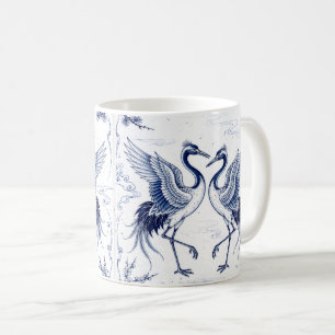 Crane Dance Japanese Imari Ware Style Blue White Coffee Mug