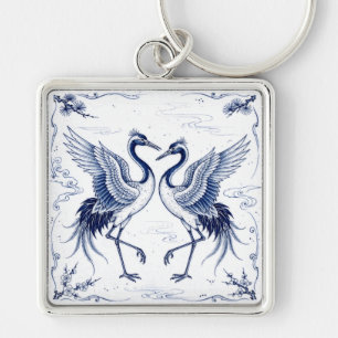Crane Dance Japanese Imari Ware Style Blue White Key Ring