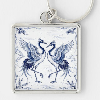 Crane Dance Japanese Imari Ware Style Blue White Key Ring