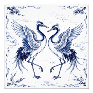 Crane Dance Japanese Imari Ware Style Blue White Photo Print
