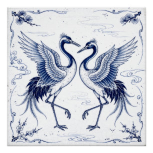 Crane Dance Japanese Imari Ware Style Blue White Poster