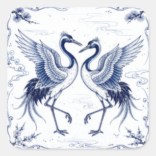 Crane Dance Japanese Imari Ware Style Blue White Square Sticker